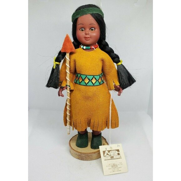 Indien Art Eskimo Doll Moving Eyelids Real Wood Stand Authentic Clothing Vintage - Picture 1 of 12